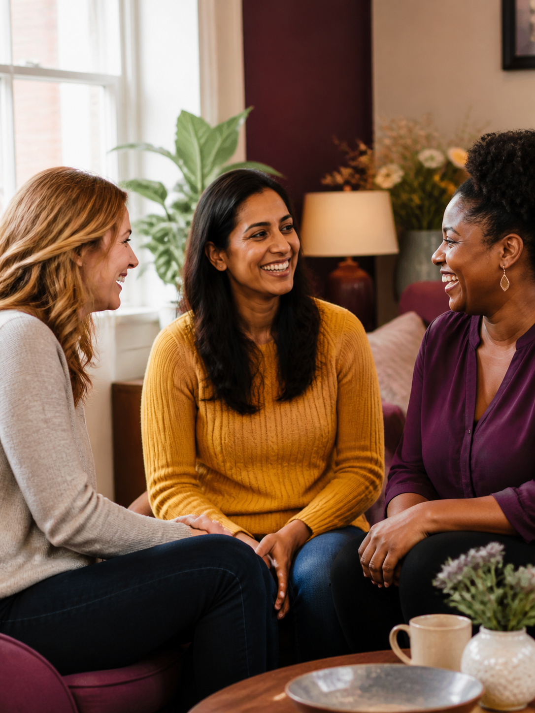 A white woman, an Indian woman and a Black woman smiling together at the centre